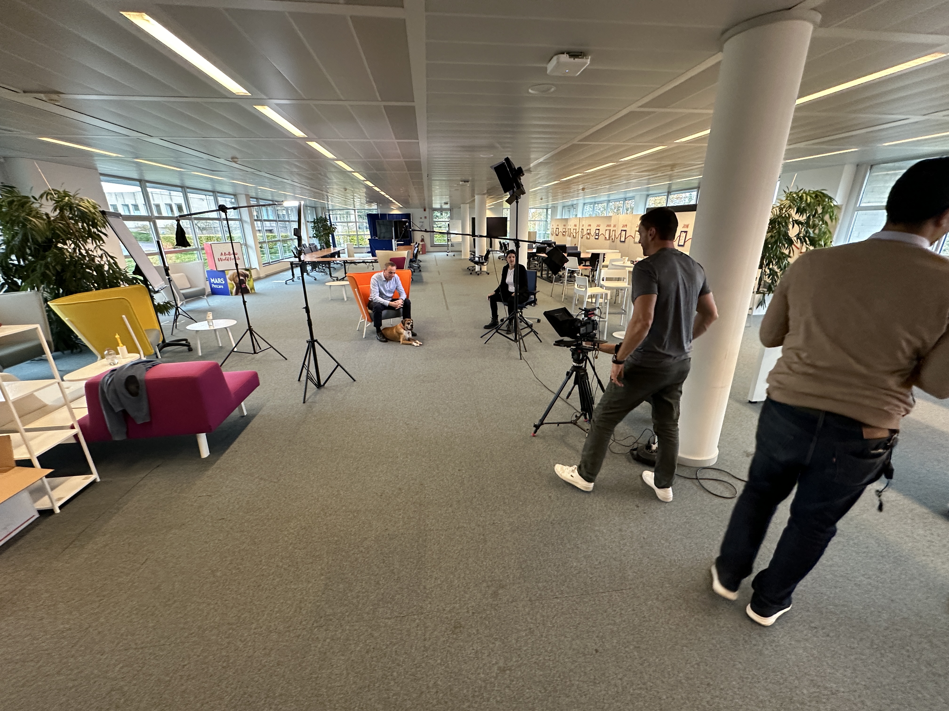 Fullscreen Productions multicamera interview setup for a corporate client — teleprompter and professional lighting