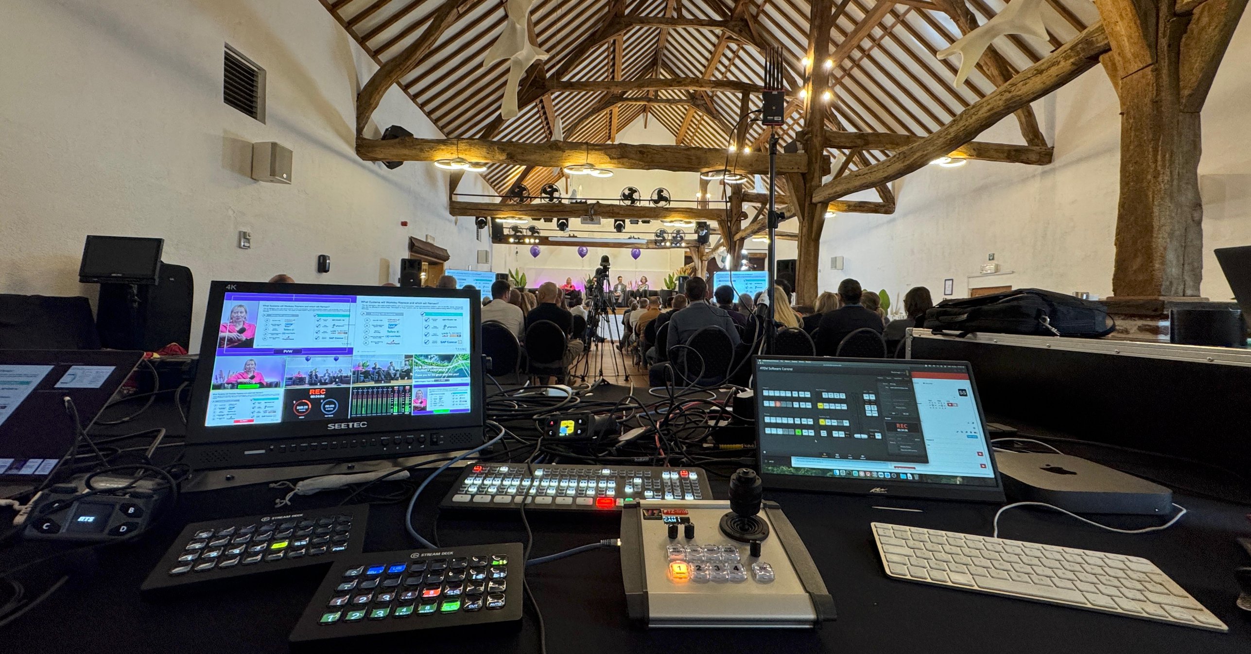 Fullscreen Productions live streaming control room — vision mixer, Stream Deck and multicamera monitoring during a live event